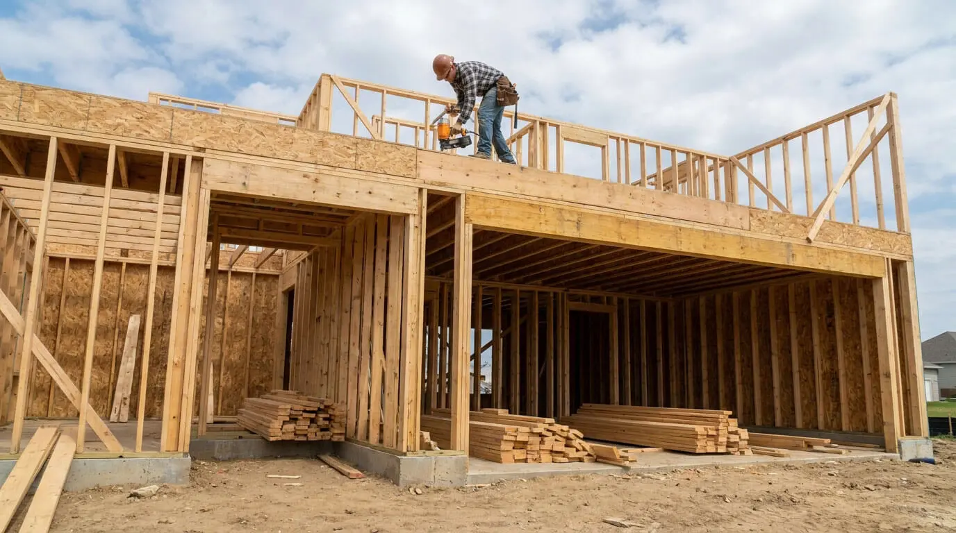 Construction worker framing a two-story residential home in Oakland County, Michigan