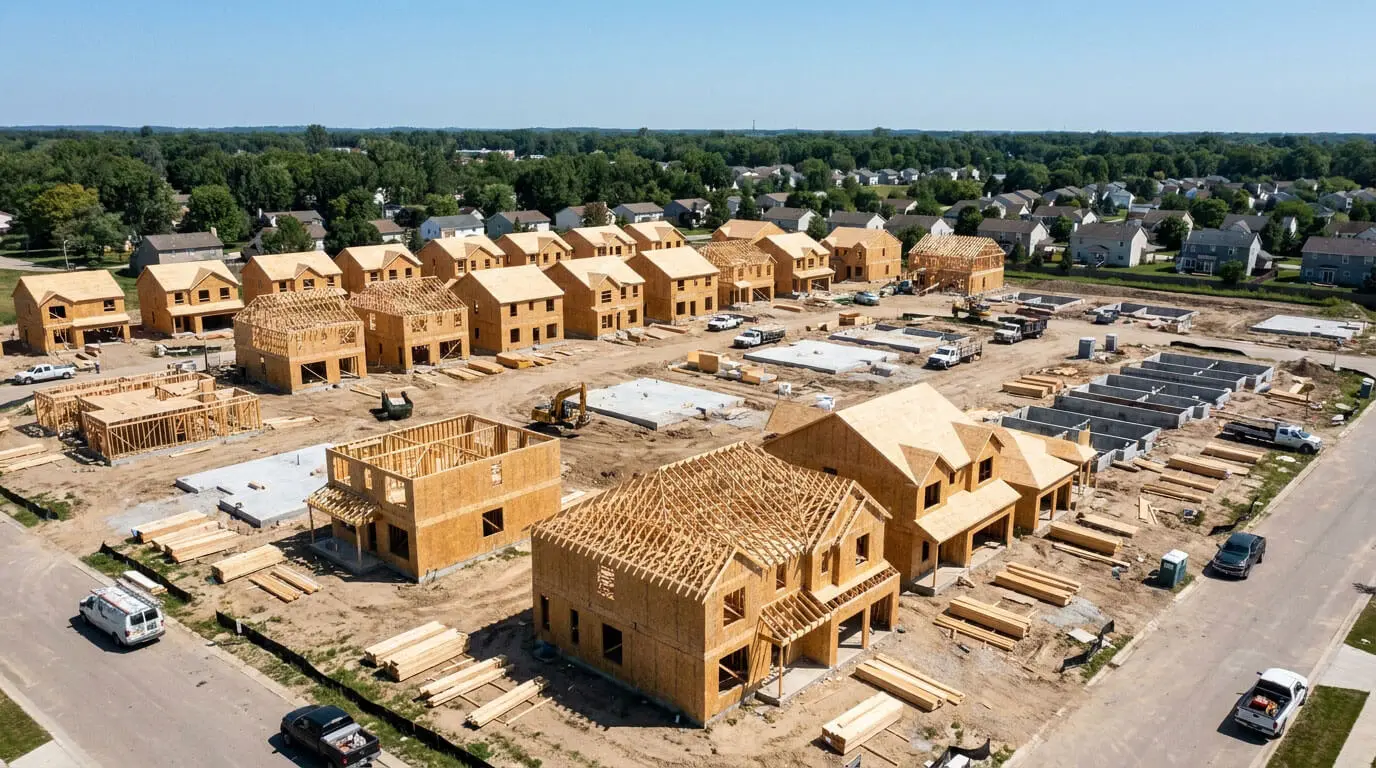 Aerial view of a residential community under construction in Metro Detroit Michigan with multiple homes being framed simultaneously