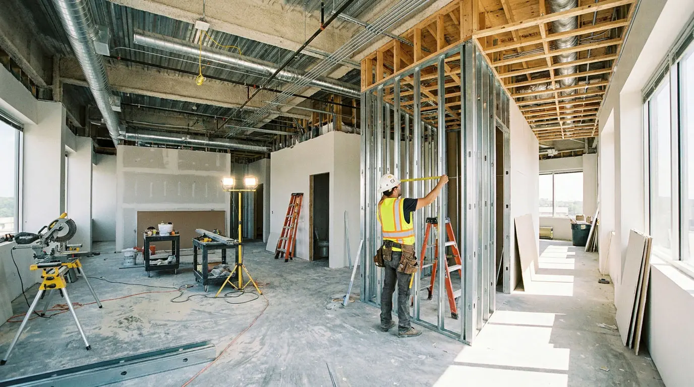 Construction worker completing interior build-out of a commercial office space in Metro
