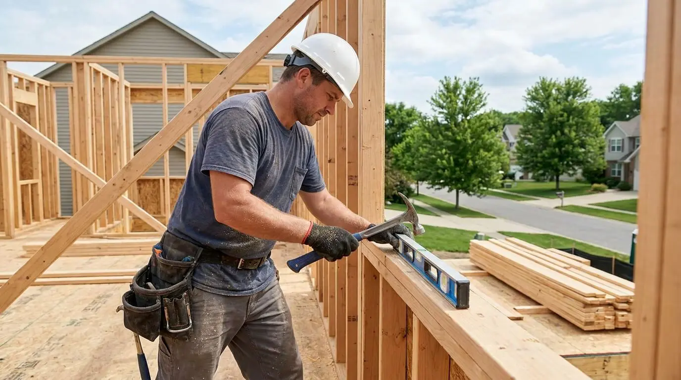 Construction worker framing a residential home in Metro Detroit Michigan