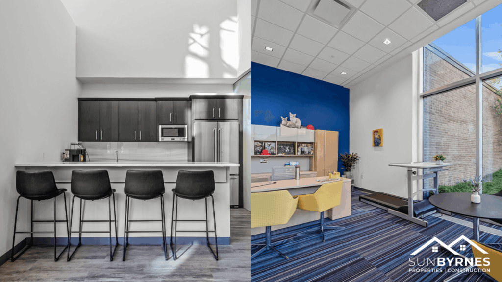 Modern kitchen area adjacent to a private office, designed for collaboration and comfort in the Chamber’s new workspace.