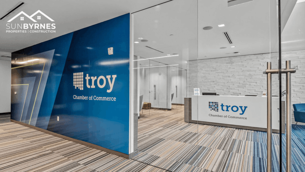 Reception area and front desk of the Troy Chamber of Commerce office, showcasing a clean and welcoming entrance.